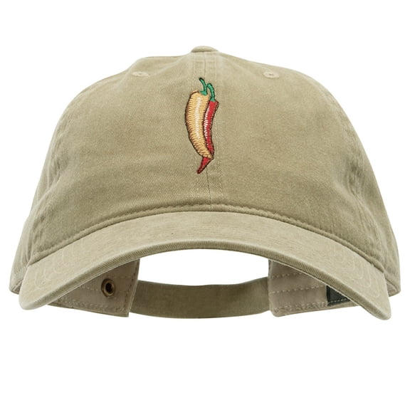 Red Orange Pepper Embroidered Washed Solid Pigment Dyed Cotton Twill Brass Buckle Cap - Khaki OSFM
