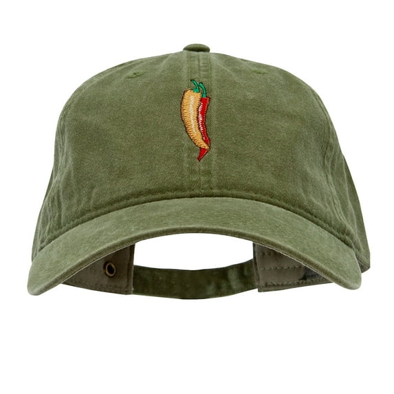 Red Orange Pepper Embroidered Washed Solid Pigment Dyed Cotton Twill Brass Buckle Cap - Olive OSFM