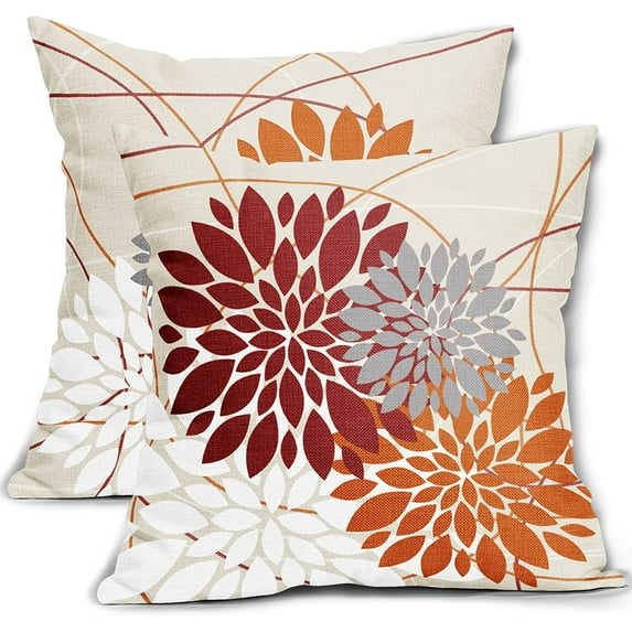 Red Orange Pillow Covers 18x18 Inch Dahlia Flower White Gray Elegant Colored Throw Pillows Farmhouse Outdoor Decor for Home Living Room Sofa Couch Bed Modern Floral Linen Square Cushion Case, Set of 2