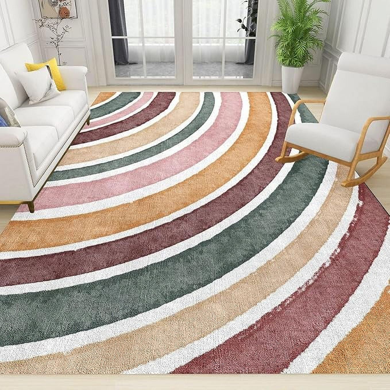 Red Orange Pink Rainbow Stripes Area Rug, Abstract Geometric Watercolor