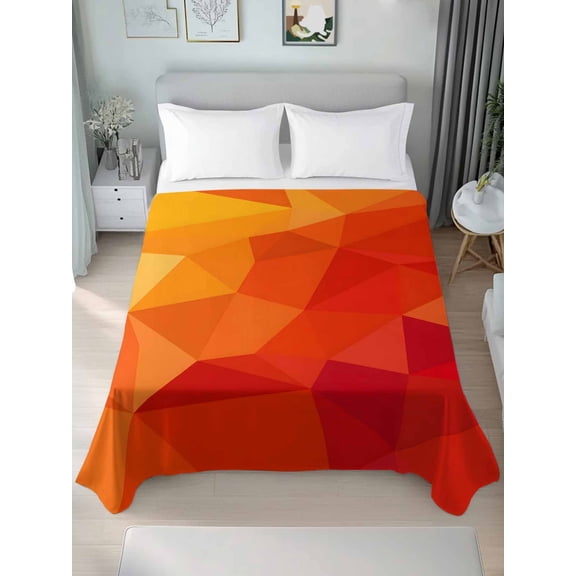 Red Orange Queen Size Flat Sheet, Wrinkleproof & Fadeproof Cooling Flat Bed Sheet Only, Modern Abstract Ombre Geometric Aesthetic Breathable Soft Bedding Top Sheets 90 x 102 Inches