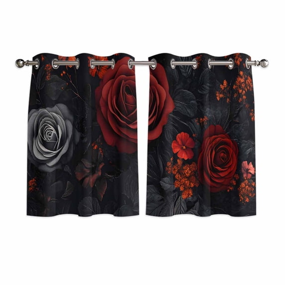 Red Orange Roses Kitchen Curtains Short 54 Inch Length, Elegant Romantic Flowers Pastoral Grommet Top Bedroom Living Room Curtains, Light Filtering Cafe Curtain Drapes 2 Panels Set 84''x54''