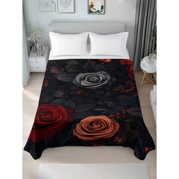Red Orange Roses Queen Size Flat Sheet, Wrinkleproof & Fadeproof Cooling Flat Bed Sheet Only, Elegant Romantic Flowers Pastoral Breathable Soft Bedding Top Sheets 90 x 102 Inches
