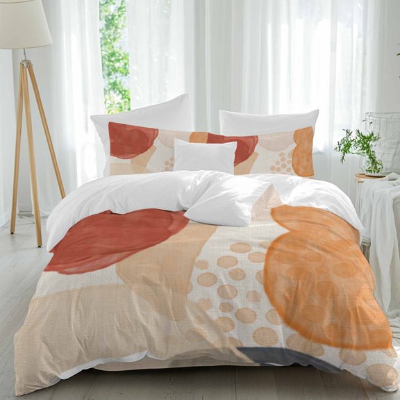 Red Orange Shape Twin Duvet Cover Set, Abstract Minimalist Fluid Shapes 4 Piece Microfiber Bedding Set with Zipper Closure, Bed Sheet and 2 Pillow Shams, Soft Bedding Cover