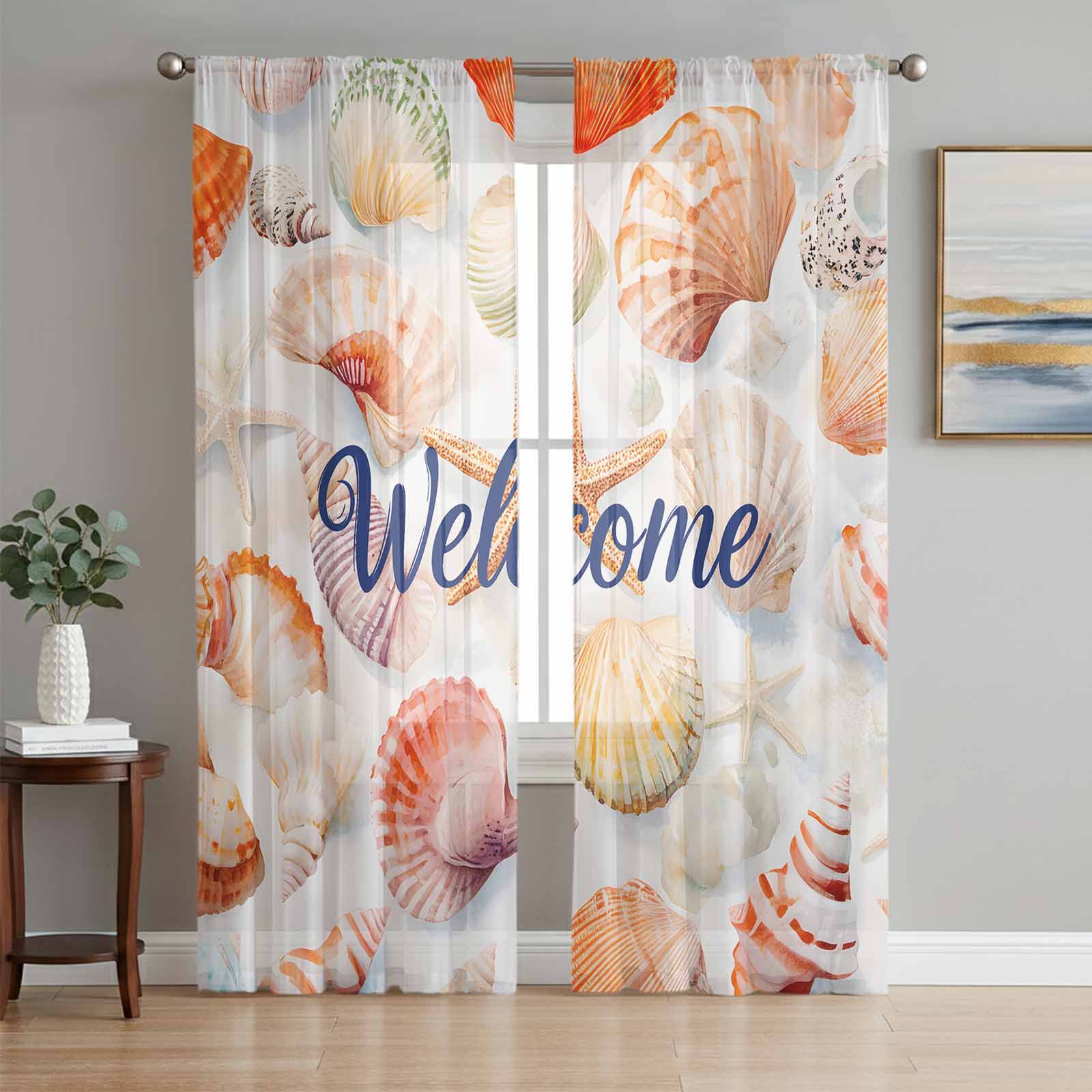 Red Orange Shell Coastal Sheer Curtains 96 Inch Length 2 Panels Set ...