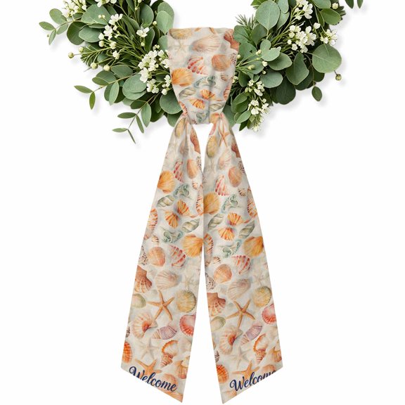 Red Orange Shell Coastal Wreath Sash for Front Door, Summer Beach Ocean Starfish Wreath Bow Holiday Garland Ribbon Wreath Accessories for Home Yard Porch Doorway Fall Christmas Decorations Gifts