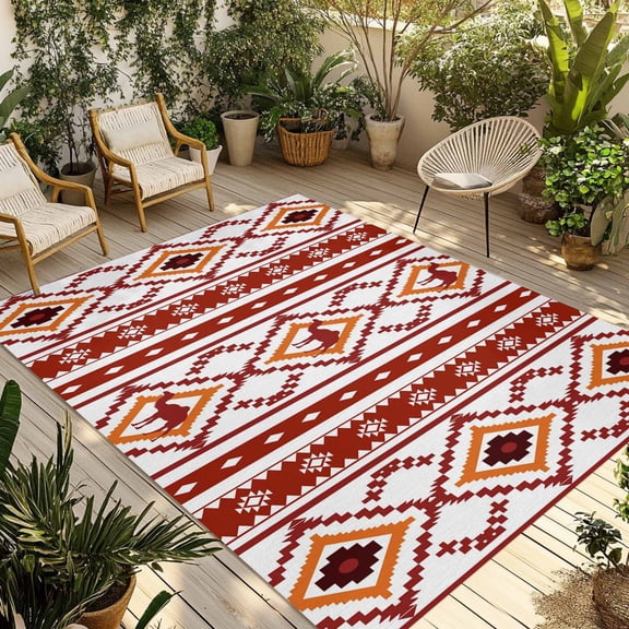 Red Orange Southwest Outdoor Rug for Patio/Deck/Porch, Non-Slip Large Area Rug 3 x 5 Ft, Aztec Boho Ethnic Geometric Art Indoor Outdoor Rugs Washable Area Rugs, Reversible Camping Rug Carpet Runner