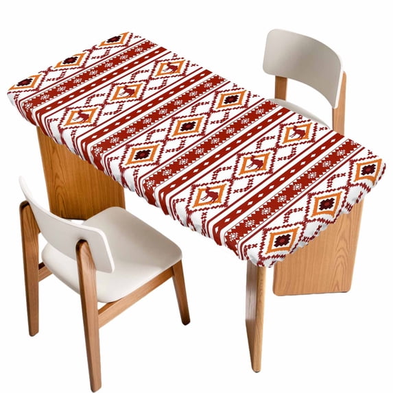 Red Orange Southwest Table Cloths for 6 Foot Rectangle Tables, Aztec Boho Ethnic Geometric Art Patio Waterproof Elastic Fitted Tablecloths, Washable Rectangular Table Cover for Camping