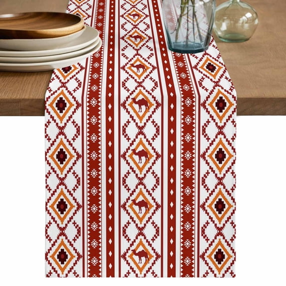 Red Orange Southwest Table Runner, Aztec Boho Ethnic Geometric Art Washable Cotton Linen Table Runners 120 Inches Long, Dresser Scarf Runner for Dining/Living Room/Kitchen/Square Tables 13''x120''