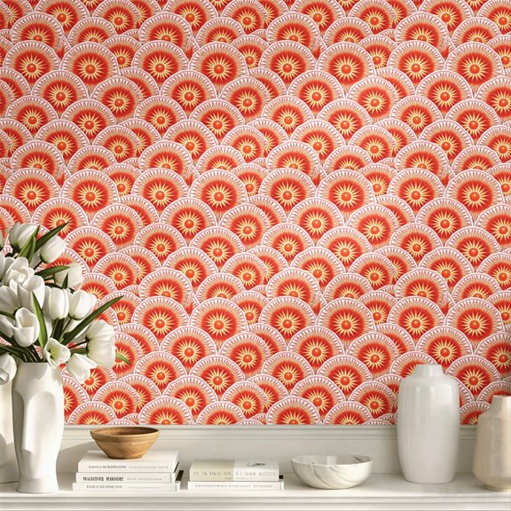 Red Orange Sunburst Pattern Peel and Stick Wallpaper Boho Funky Quirky Wall Art Wall Decor Art Print Stunning Exquisite Wall Decoration for Living Room Bedroom Apartment Home Decor