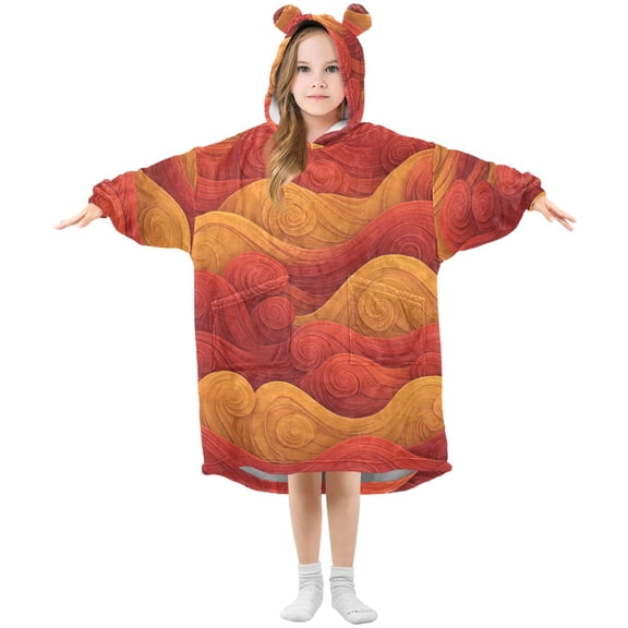 Red Orange Waves Flannel Wearable Blankets Hooded Design Long Sleeves Wrap Unisex for 3T-14Y S
