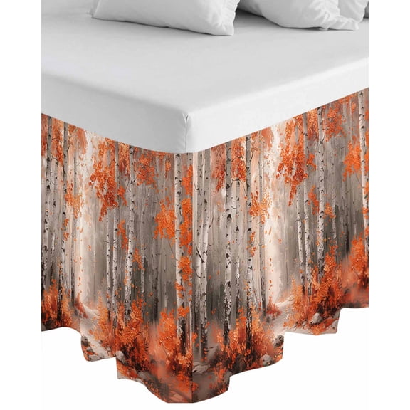 Red Orange Wrap Around Bed Skirts for King Bed 16" Drop, Bed Skirt with Adjustable Elastic Belt Dust Ruffle Bed Valance for Bedroom Hotel Luxury Modern Oil Painting Art Forest Bed Frame Cover
