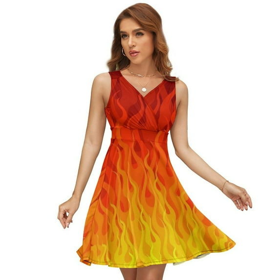 Red Orange Yellow Burning Flames And Fire Dress Summer Street Style Dresses Female Sleeveless Printed Sundress