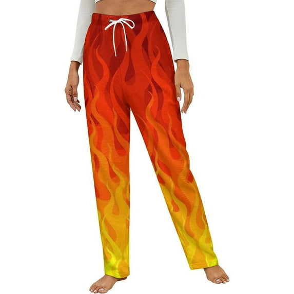 Red Orange Yellow Burning Flames And Fire Winter Female Pants Flannel High Waist Women Pants Lady Warm Straight Leg Plush Trousers