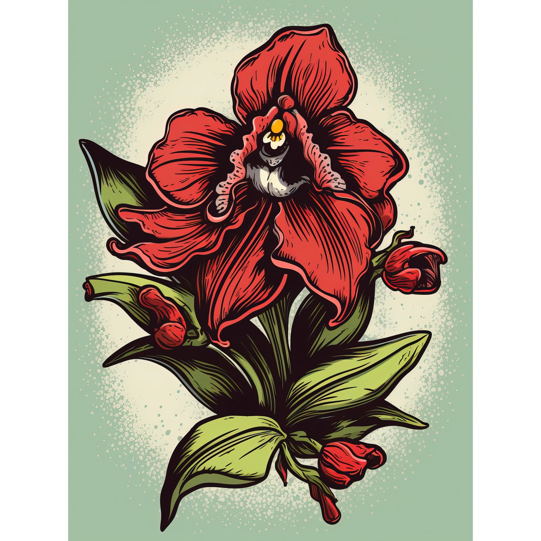 Red Orchid Flower Old School USA Tattoo Ink Body Rockabilly Americana 50s  Unframed Wall Art Print Poster Home Decor Premium