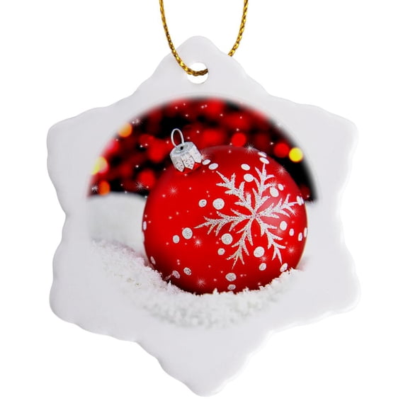 3drose, Red Ornament with White Snowflake Christmas Light Bokeh, 3 inch Snowflake Porcelain Ornament