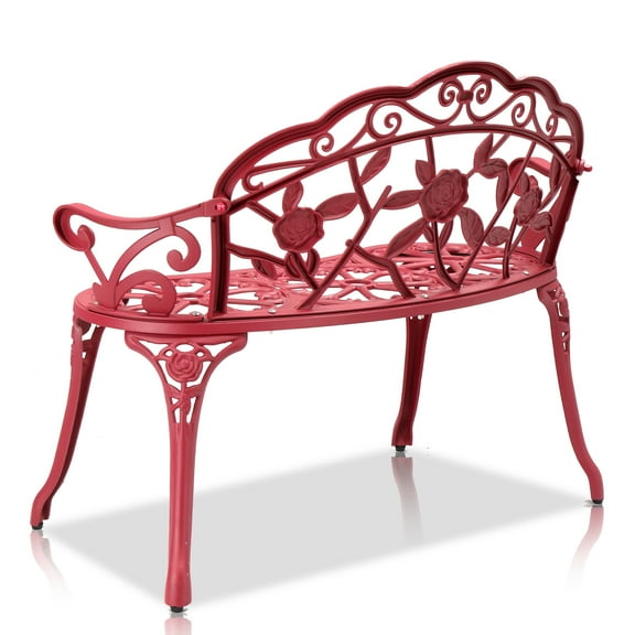 Red Outdoor Cast Aluminum Patio Bench, Rose Pattern Porch Garden Chair, Weather-Resistant