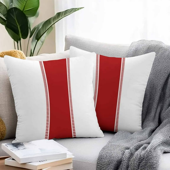 Red Outdoor Pillow Covers Set of 2 Stripes Waterproof Throw Pillow Case Decorative Square Cushion Cover for Patio Couch Garden Balcony, 16"x16"