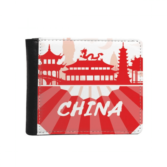 Red Outline Landmark China Fan Flip Bifold Faux Leather Wallet Multi-Function Card Purse