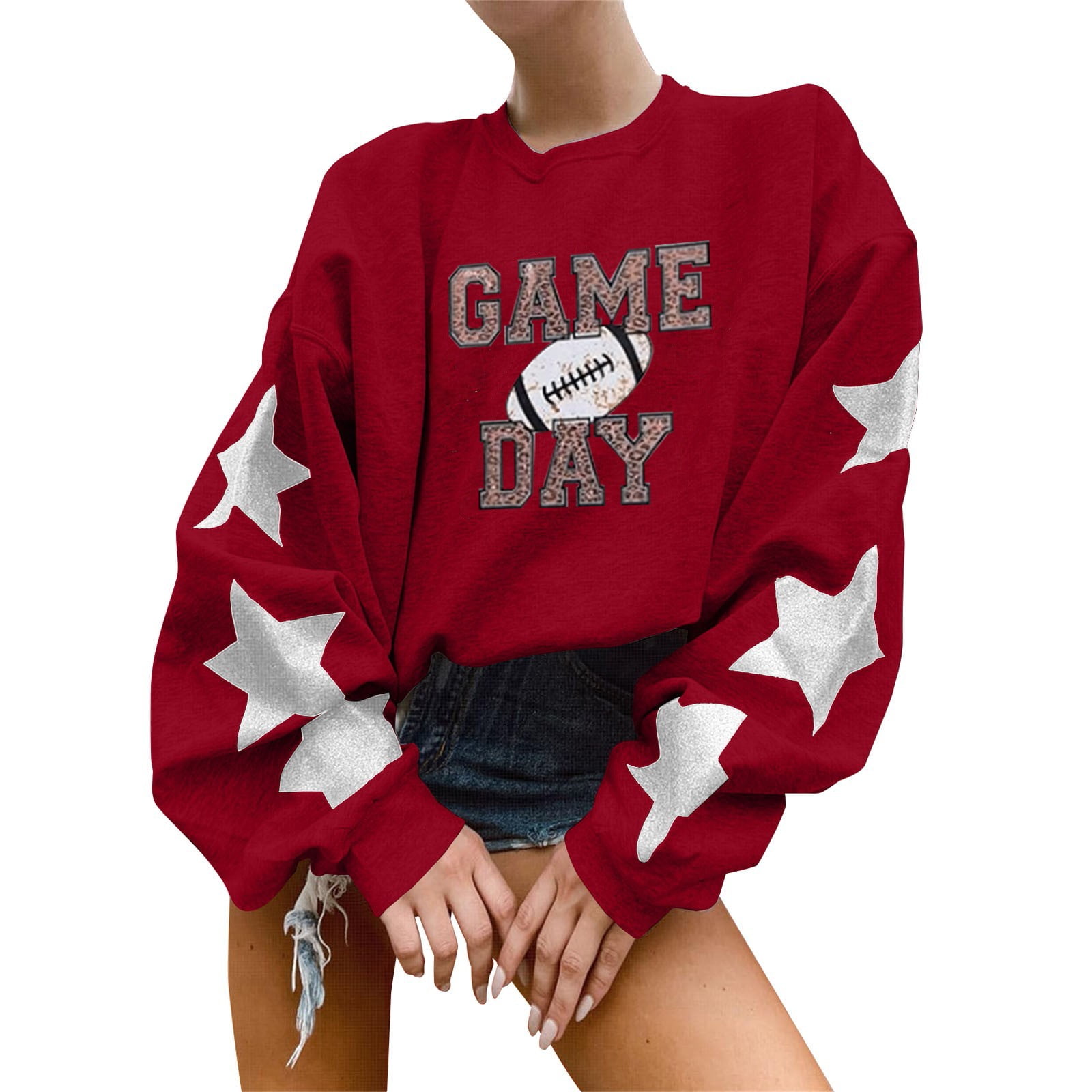 Red Oversized Sweatshirts for Women Vintage Loose Fit Crewneck Sweatshirt Football Funday Star Print Oversize Pullover Sweater Streetwear Fall Trendy Outfits Walmart Business Supplies