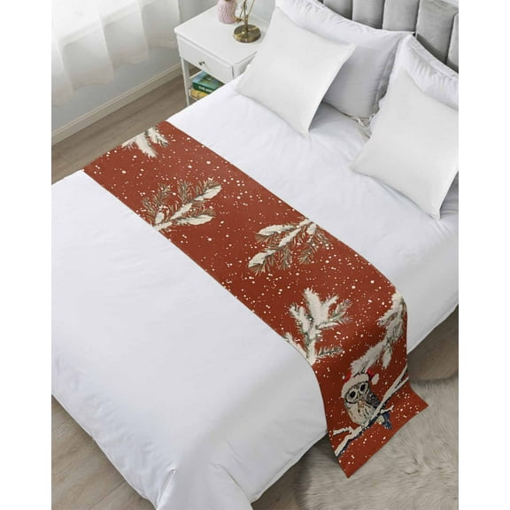 Red Owl Christmas Bed Runner for Twin Size Bed, Xmas Snowflake Botanical Vintage Bedspread Protector Slipcover Bed Scarf for Foot Bed Runners & Scarves for Bedroom Hotel Wedding Room 71x20 Inches