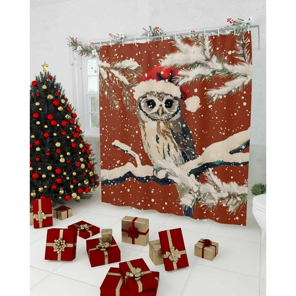 Red Owl Christmas Shower Curtain, Xmas Snowflake Botanical Vintage Waterproof Washable Boho Funny Cute Shower Curtains Set for Bathroom Farmhouse Bathtubs Decor with Hook, 72"Wx72"L