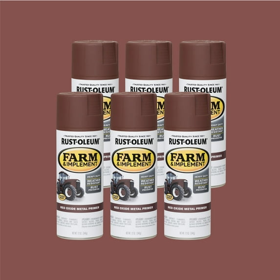 6 Pack, Red Oxide Metal, Rust-Oleum Flat Specialty Farm and Implement Primer Spray-280137, 12 oz