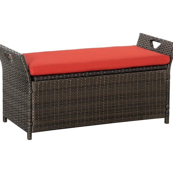Red PE Rattan Deck Storage Bench / Easy to Carry and Access Storage
