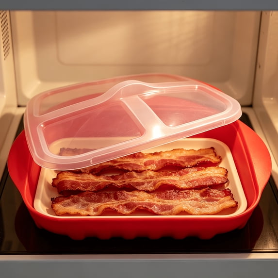 Red PP Microwave Cooking Tray,Microwave Bacon Cooking Tray with Lid, Durable PP Material, Grease Drain Design, Dishwasher Safe, Fast Meal Prep, Kitchen Gadget for Crispy Bacon