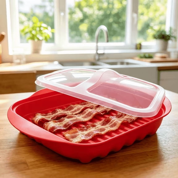 Red PP Microwave Cooking TrayMicrowave Bacon Cooking Tray with Lid, Durable PP Material, Grease Drain Design, Dishwasher Safe, Fast Meal Prep, Kitchen Gadget for Crispy Bacon