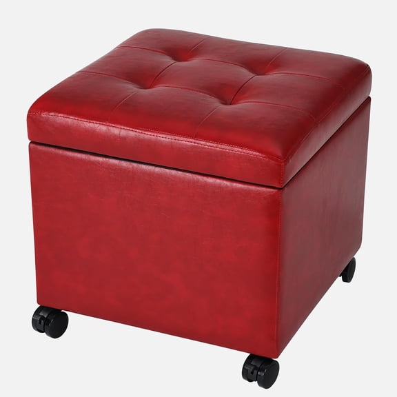 Red PU Leather Tufted Storage Ottoman on Wheels with Hinged Lid