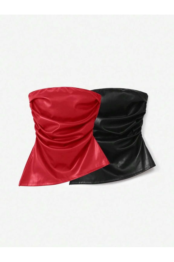 Red PU Ruched Beveled Hem Bandeau Top For Women Festival Wear
