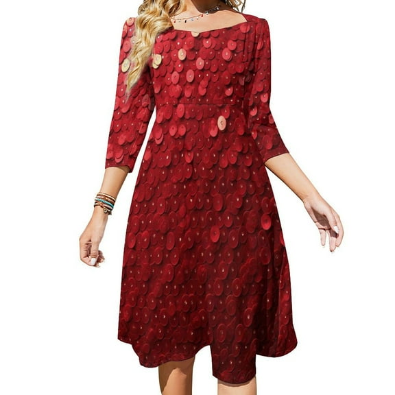 Red Paillette Sequin Pattern Womens Summer Dress Tie Back A Line Flare Dress
