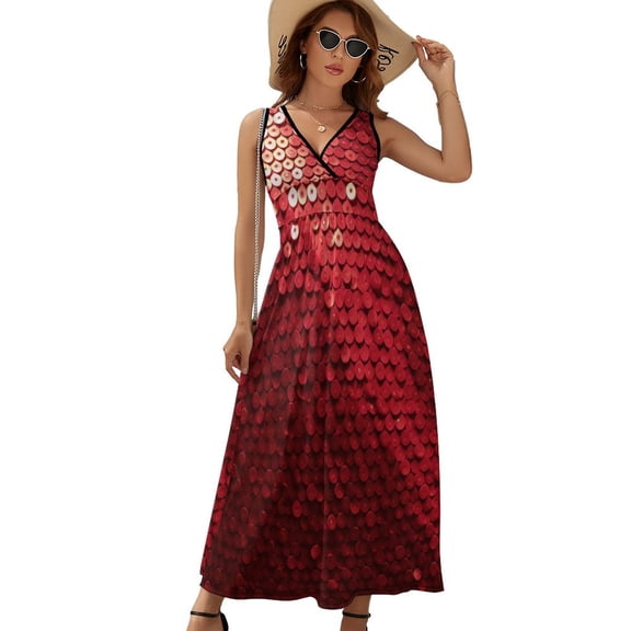 Red Paillette Sequin Print Womens Night Club Maxi Dress V Neck Sleeveless Bohemia Long Dresses