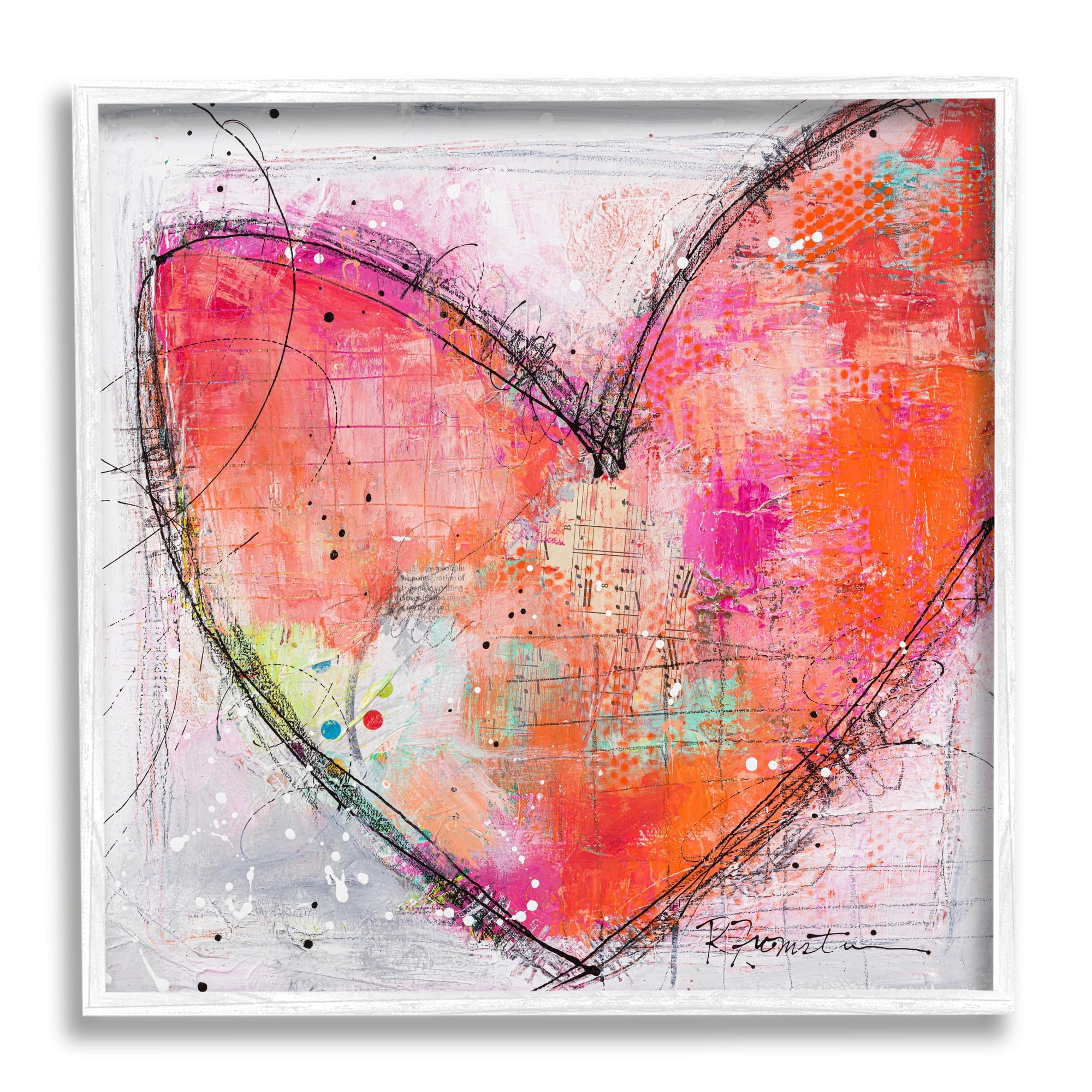 Red Paint Splatter Heart Black Hatching Design Abstract Painting Framed Art Print Wall Art