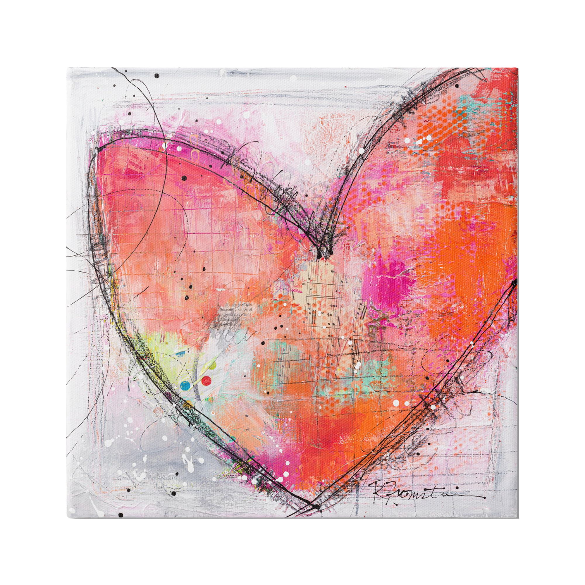 Red Paint Splatter Heart Black Hatching Design Abstract Painting Gallery-Wrapped Canvas Print Wall Art