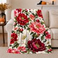 thumbnail image 1 of Red Painterly Floral Flannel Blanket for Botanical Art Fans, Sofa and Living Room Home Decor Housewarming Gift with Soft Layered Bloom Botanical Sofa Scene Motif, 1 of 9