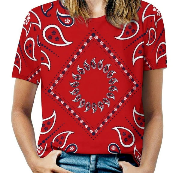 Red Paisley Bandana-1 Women's Short Sleeve T-Shirt Crew Neck Casual Summer Trendy Loose Fit Tops
