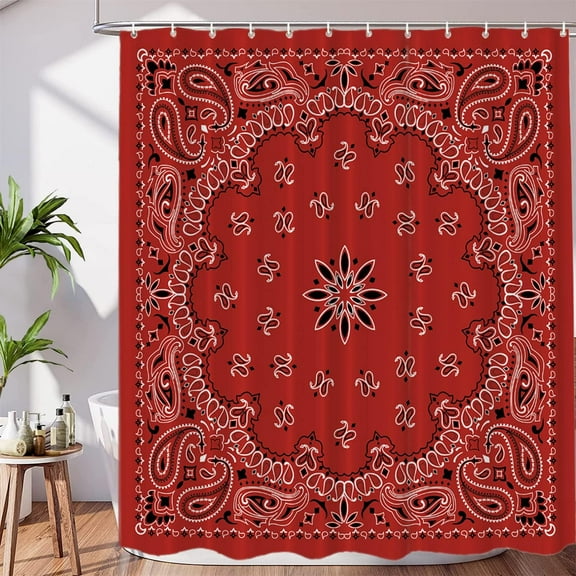 Red Paisley Bandana Decor Shower Curtain Set,Bandana with Red Paisley in The Middle Polyester Shower Curtain for Shower Stall Bathroom Waterproof with 12 Hooks 72x72 Inch