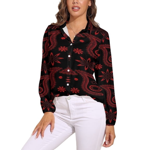 Red Paisley Bandana Pattern Long Sleeve Blouse Woman Streetwear Casual Shirts Summer Oversize Woman Streetwear Clothing Birthday Present