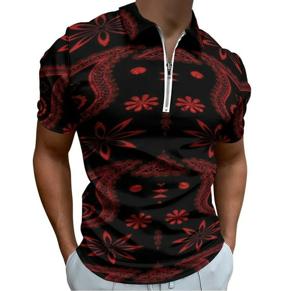 Red Paisley Bandana Pattern Men Zipper T-shirt Summer Casual Short Sleeve T-shirt Top