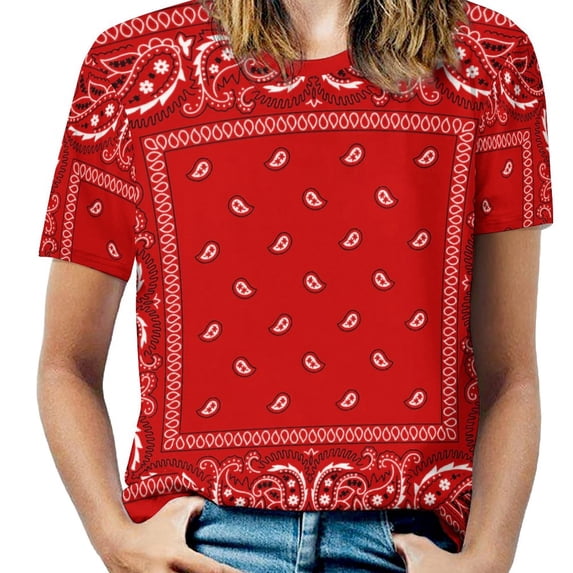 Red Paisley Bandana T Shirts Basic T-Shirt Short Sleeve Ladies Tee Shirt Summer Graphic Clothing