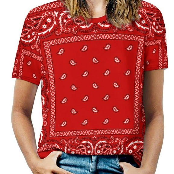 Red Paisley Bandana T Shirts Basic T-Shirt Short Sleeve Ladies Tee Shirt Summer Graphic Clothing