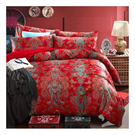 Red Paisley Comforter Sets Twin XL Size Bed Shabby Chic Print Comforter All Season 3 Pieces 1 Fluffy Soft Comforter with 2 Pillow Shams-Twin XL Size