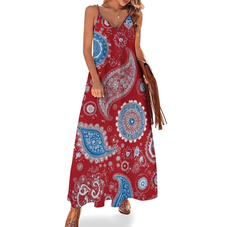 Red Paisley Fabric Blue White Pattern Design Sleeveless Dress Women's Luxury Party Dress Birthday Dresses for Women