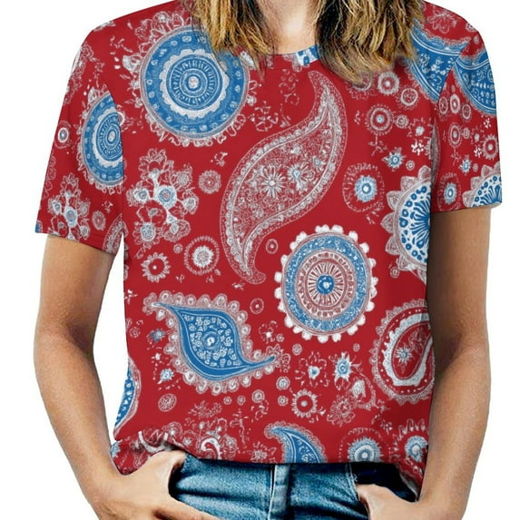 Red Paisley Fabric Blue White Pattern Design Women's Short Sleeve T-Shirt Crew Neck Casual Summer Trendy Loose Fit Tops