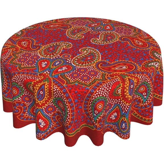 Red Paisley Floral Flower Round Tablecloth Thicken Desk Cloth Washable Table Cover Table Cloth for Kitchen Daily Dinning Party Tabletop Decor 60 Inch
