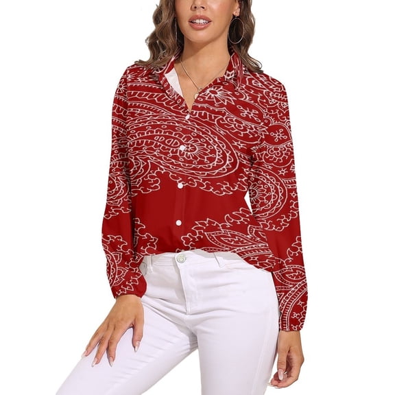 Red Paisley Pattern Long Sleeve Blouse Woman Streetwear Casual Shirts Summer Oversize Woman Streetwear Clothing Birthday Present