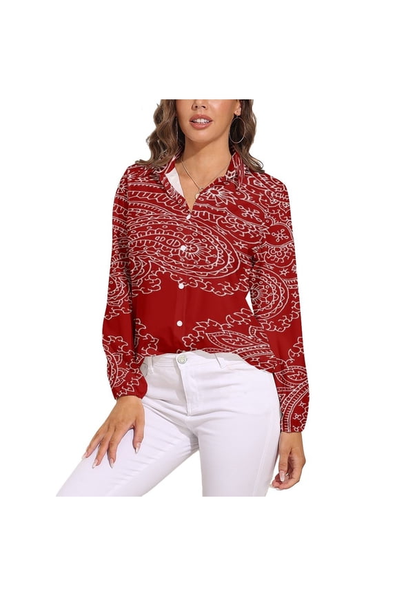 Red Paisley Pattern Long Sleeve Blouse Woman Streetwear Casual Shirts Summer Oversize Woman Streetwear Clothing Birthday Present