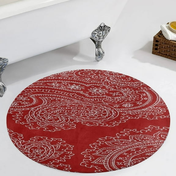 Red Paisley Pattern Round Carpet Circle Rug Outdoor Patio Area Rug Washable Large Area Rugs Hallway Room Decor Fitness Mats